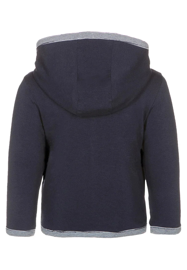 Vue arrière d'un Haut Cardigan Bleu Marine 0-1 Mois de Noppies avec capuche et détail doublure rayée.