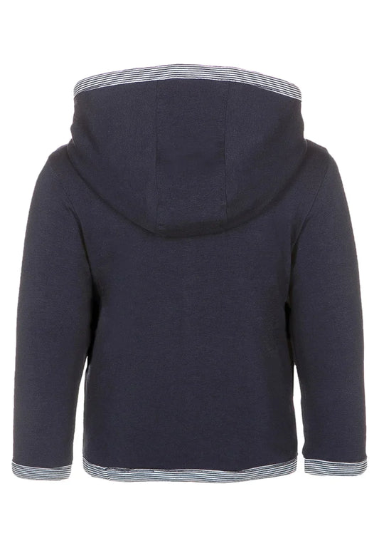 Vue arrière d'un Haut Cardigan Bleu Marine 0-1 Mois de Noppies avec capuche et détail doublure rayée.