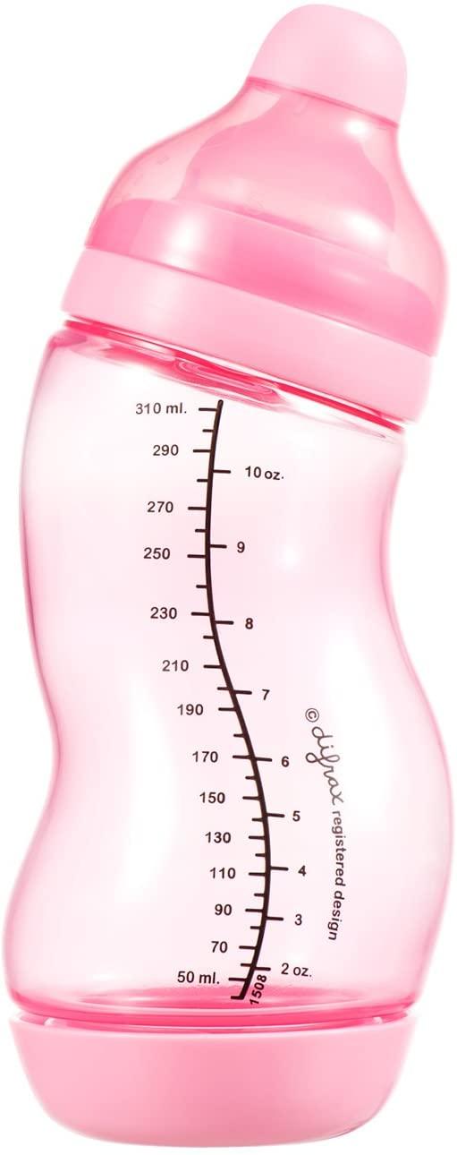 Un biberon rose DIFRAX Biberon Rose Wide 200 ML avec des marquages de mesure de volume sur le côté, doté d'un système anti-colique breveté.