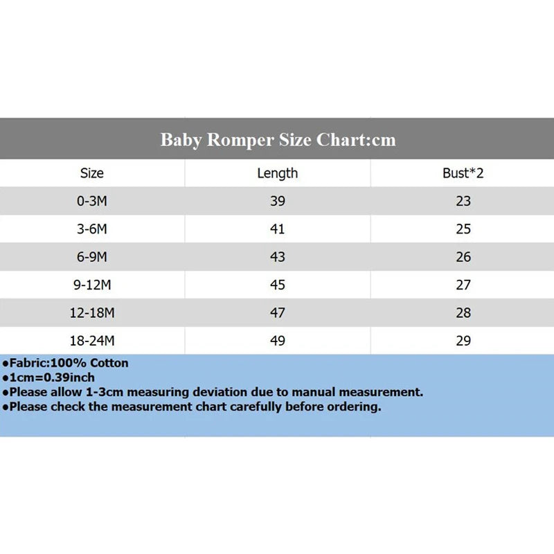 Un "Tableau des Tailles Body Coton Imprimé" pour votre bébé, avec des tailles de 0-3M à 18-24M, détaillant les longueurs de 39cm à 49cm et les mesures de buste de 23cm à 29cm. Parfait pour les journées chaudes, ce Body Coton Imprimé note un tissu 100% coton, un écart de mesure de 1 à 3 cm.