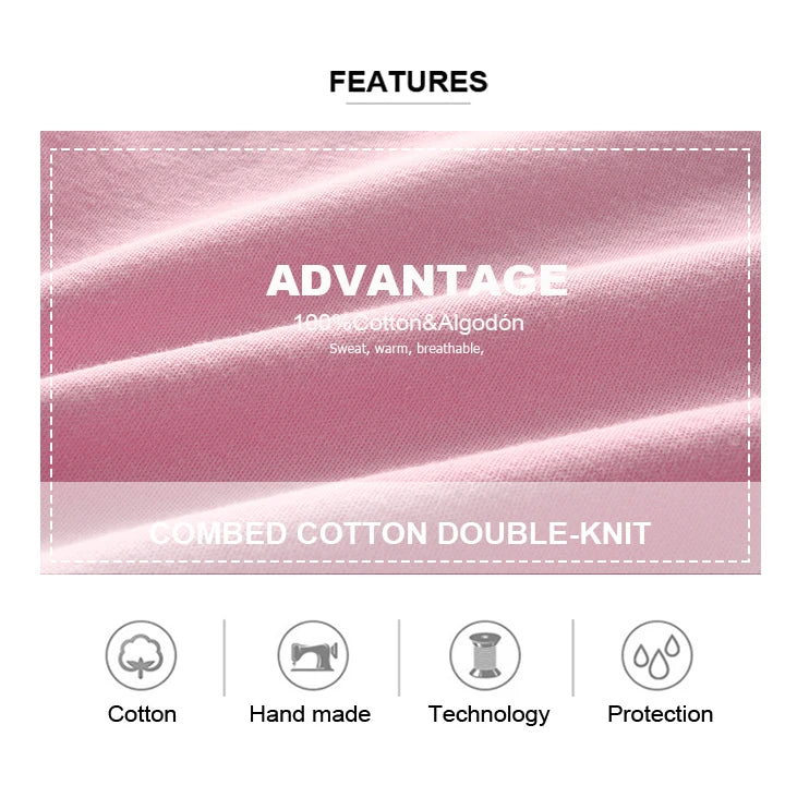 Image représentant un tissu rose avec un texte soulignant ses avantages : 100% coton, sweat, chaud, respirant. En dessous, les icônes représentent les caractéristiques : Coton, Fabriqué à la main, Technologie et Protection. Le vêtement comprend des boutons-pression pratiques pour un port facile. Nom du produit: Lot 5 Bodys Coton | Imprimés Manches Courtes par marque : BABY PREMA.