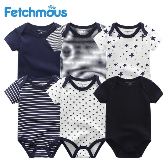 Six bodys pour bébé aux motifs variés bleu marine et blanc, dont des rayures et des étoiles, sont présentés. Le nom de la marque « BABY PREMA » est visible en haut de l'image. Ces Lot de 6 Pièces Corps | Les Coton Pour Bébé sont fabriqués à partir de coton pour bébé doux pour assurer un confort ultime à votre tout-petit.