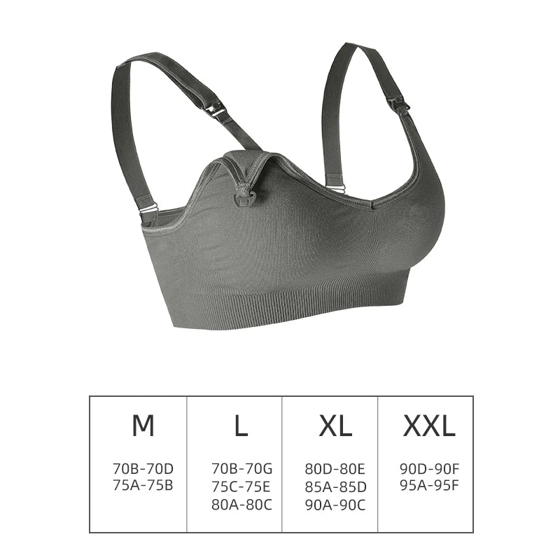 Un soutien-gorge de sport gris à bretelles réglables et un tableau des tailles petit indiquant les mesures adaptées aux tailles moyennes à double extra-large, comme le Soutien Allaitement & Maternité | Push Up Tendance par BABY PREMA.