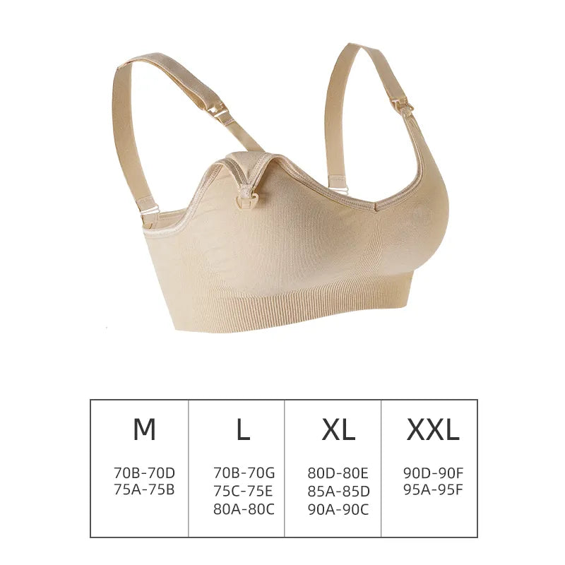Soutien-gorge de maternité beige avec tableau des tailles indiquant les tailles disponibles du m au xxl en fonction des mesures des bonnets et du bandeau. Nom du produit : Soutien Allaitement & Maternité | Push Up Tendance Marque: BABY PREMA