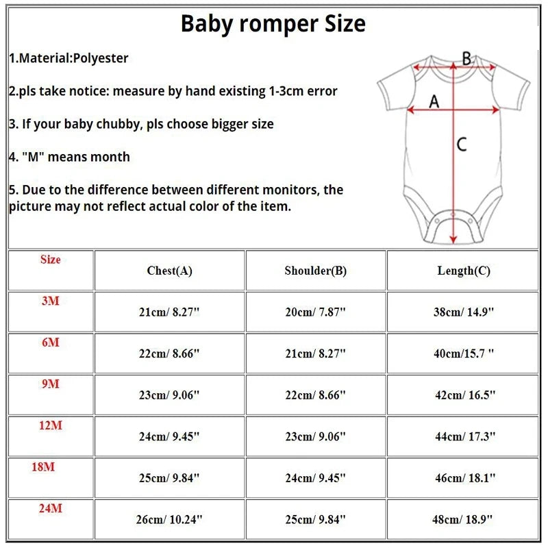 Un tableau des tailles des barboteuses pour bébé s'affiche, fournissant des mesures pour la poitrine, les épaules et la longueur pour différents groupes d'âge : 3 mois, 6 mois, 9 mois, 12 mois, 18 mois et 24 mois. Le matériau est en polyester avec des manches courtes. Notez un écart de taille de 1 à 3 cm et rappelez-vous que « M » représente des mois dans cet ajout essentiel à votre garde : Body Bébé Coton Imprimé Préma de BABY-PREMA.