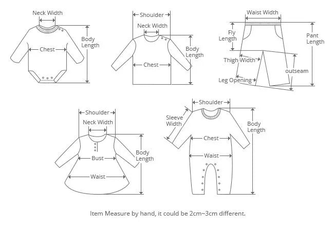 Diagrammes montrant les points de mesure sur divers vêtements : une combinaison à manches longues, une chemise à manches longues, un pantalon, une robe et une robe à manches longues. Parfait pour les journées chaudes de bébé dans le confortable Body Coton Imprimé de BABY-PREMA. Les points indiquent la longueur du corps, la poitrine, la largeur du cou, les épaules, la longueur des manches, la taille, la largeur des cuisses, l'ouverture des jambes et la couture extérieure.