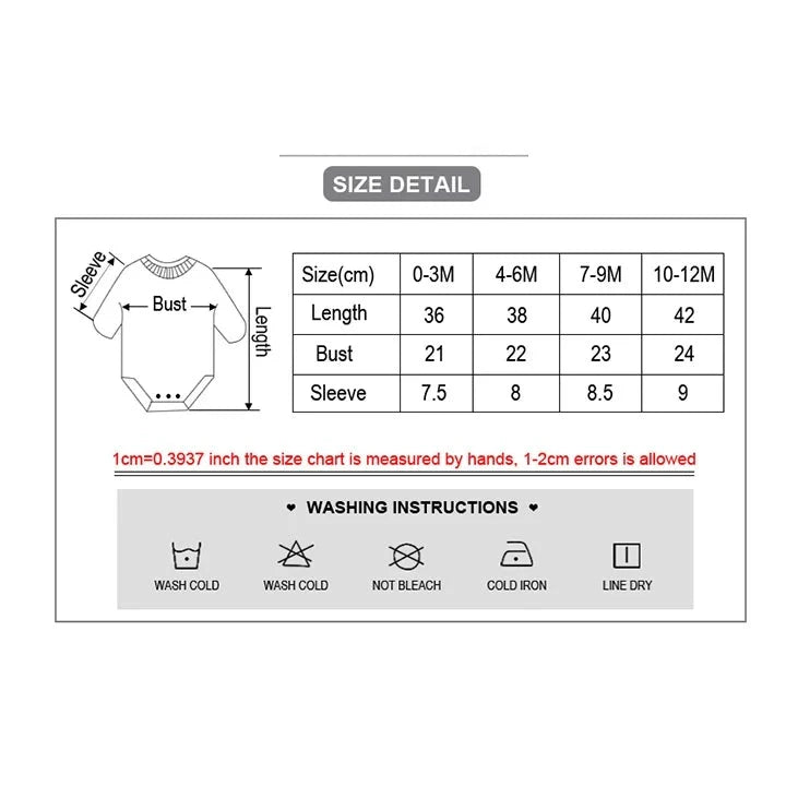 Tableau d'informations sur le produit pour le pull pour enfants. Les détails des tailles incluent les mesures de longueur, de buste et de manches en centimètres pour les tailles 0-3M, 4-6M, 7-9M et 10-12M. Les instructions de lavage sont également affichées. Idéal en superposition avec le Lot 6 Body Coton Bébé Manches Courtes de BABY PREMA.