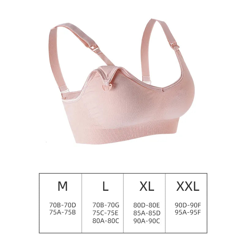Un soutien-gorge de sport de grossesse rose avec bretelles réglables et tableau des tailles indiquant les tailles M, L et XXL ainsi que les mesures de poitrine correspondantes - BABY PREMA Soutien Allaitement & Maternité | Tendance Push Up