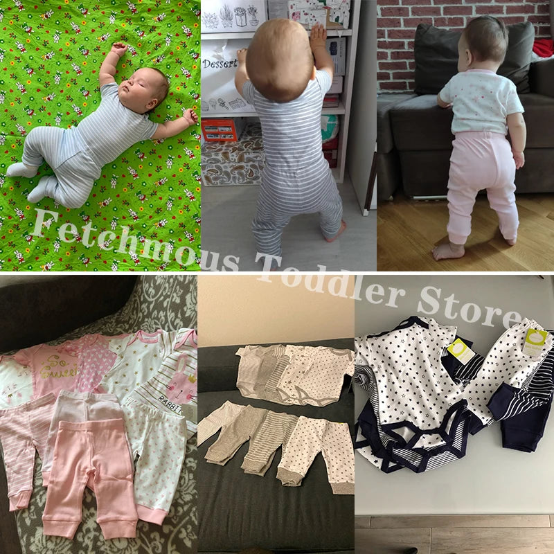 Un collage montrant deux tout-petits dans différents états de ramper et de se tenir debout, accompagné de plusieurs photos du Pack Pantalons & Bodies Bébé de BABY PREMA. Le texte « Fetchmous Toddler Store » est également visible dans les images.