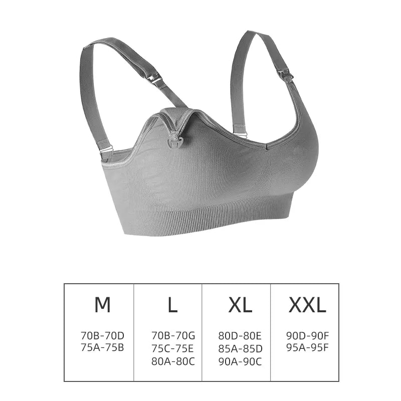 Un tableau des tailles pour un Soutien Allaitement & Maternité | Soutien-gorge de sport Push Up Tendance en gris, présentant des tailles moyennes à double extra-large avec les mesures de soutien-gorge correspondantes par BABY PREMA.
