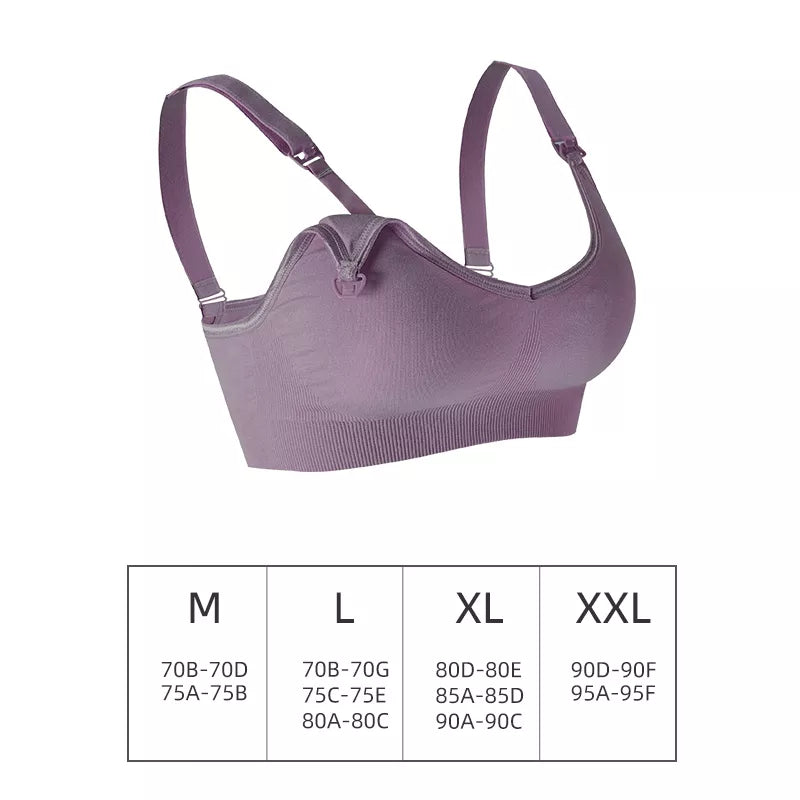 Un tableau des tailles accompagnant un Soutien Allaitement & Maternité | Soutien-gorge de sport de grossesse Push Up Tendance violet à bretelles réglables par BABY PREMA.