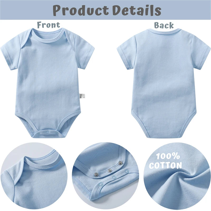 Une combinaison pour bébé bleu clair est affichée, montrant des vues de face et de dos. Des images en gros plan supplémentaires mettent en valeur les boutons-pression sur les épaules, les boutons-pression du bas et la texture du tissu. Parfait pour les journées chaudes, ce Body BABY-PREMA Coton Imprimé 100% coton est détaillé dans la rubrique "Détails du produit".