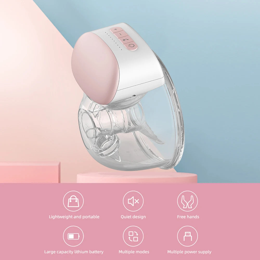 Un tire-lait moderne et portable doté d'un design léger, d'un fonctionnement silencieux et d'une commodité mains libres, avec une batterie au lithium de grande capacité, plusieurs modes et des options d'alimentation flexibles, sur un fond rose tendre BABY PREMA Le pneu-lait électrique | invisibles 1 & 2 Pièces.