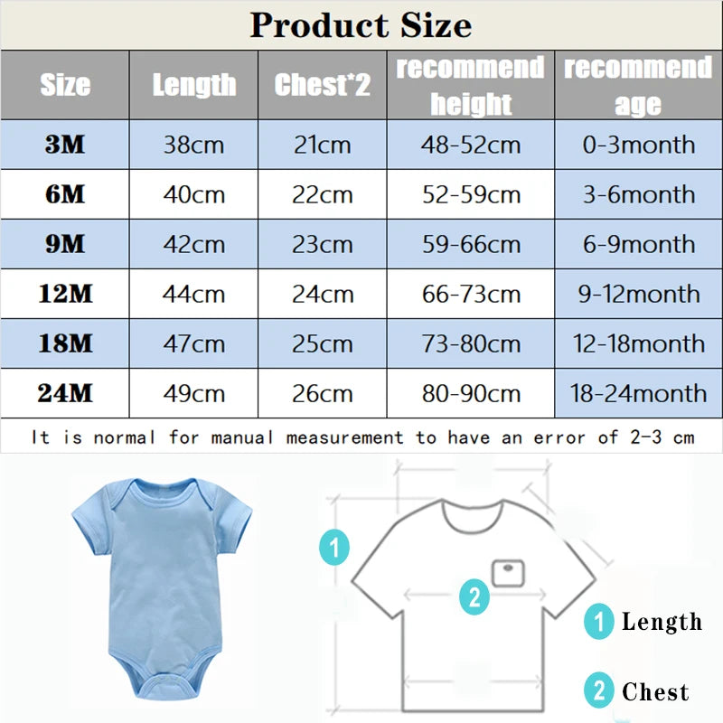 Le tableau des tailles pour Lot de Bodies 3 Pièces Pour Bébé Unisexe de BABY PREMA comprend des mesures pour différentes tailles (3M, 6M, 9M, 12M, 18M, 24M) telles que la longueur et le tour de poitrine. Le diagramme montre la longueur et la poitrine. Fabriqué en coton doux avec fermetures à pression pour un change facile. Comprend la taille et l’âge recommandés.