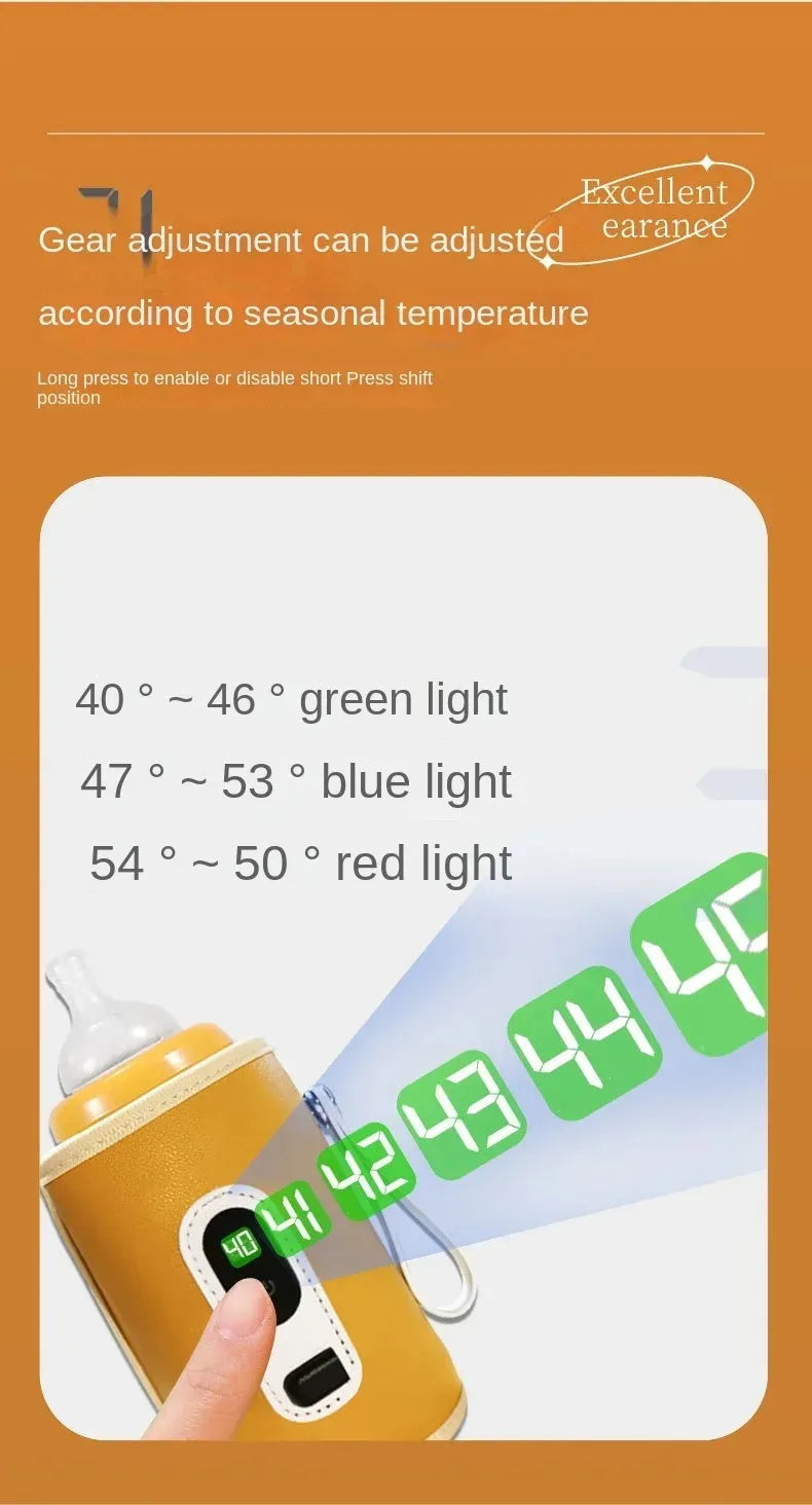 Un affichage numérique sur cet indispensable Chauffe-Biberon jaune Portable & Résistant de BABY-PREMA indique les plages de température. Il utilise une lumière verte pour 40~46°C, bleue pour 47~53°C et rouge pour 54~60°C. Un doigt ajuste l'affichage de l'appareil portable, avec le texte « Le réglage de la vitesse peut être ajusté en fonction de la température saisonnière.