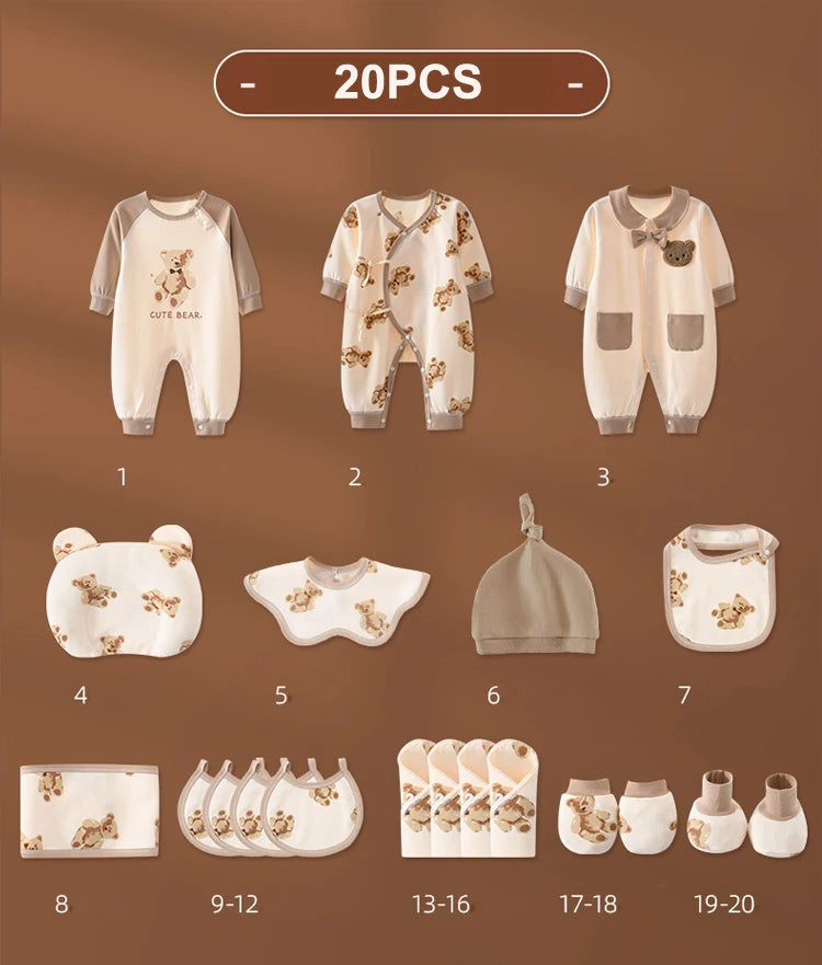 Le Coffret Naissance Coton de la marque BABY PREMA est un kit complet essentiel comprenant entre 20 et 26 pièces de vêtements pour nouveau-né. Ce coffret propose des designs sur le thème de l'ours et comprend divers bodys, chapeaux, bavoirs, mitaines, chaussettes et couvertures en nuances de beige et marron. Douceur assurée pour votre bébé !