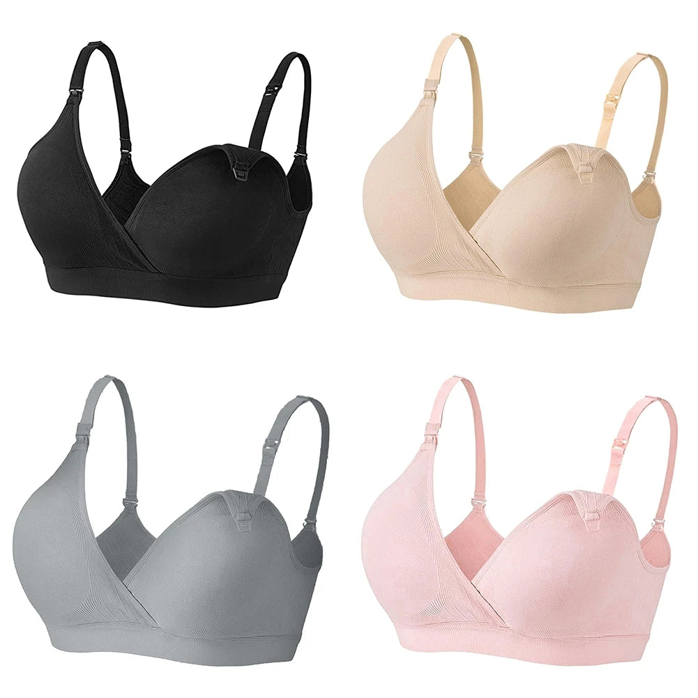 Lot de quatre soutiens-gorge de grossesse BABY PREMA Soutien Allaitement & Maternité Parfait Maintien de différentes couleurs : noir, beige, gris et rose, présentés sur fond blanc.