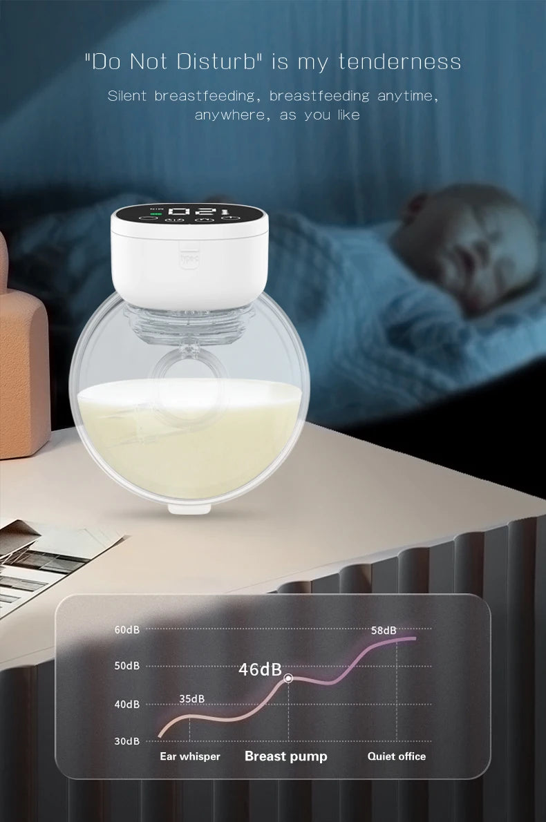 Un BABY-PREMA Tire-Lait sans Fil rond et blanc Léger & Pratique | Pour Maman est représenté sur une table, avec en arrière-plan un bébé endormi. Un tableau des niveaux de bruit ci-dessous indique que le tire-lait fonctionne à 46 dB, soit à peu près aussi silencieux qu'un murmure.