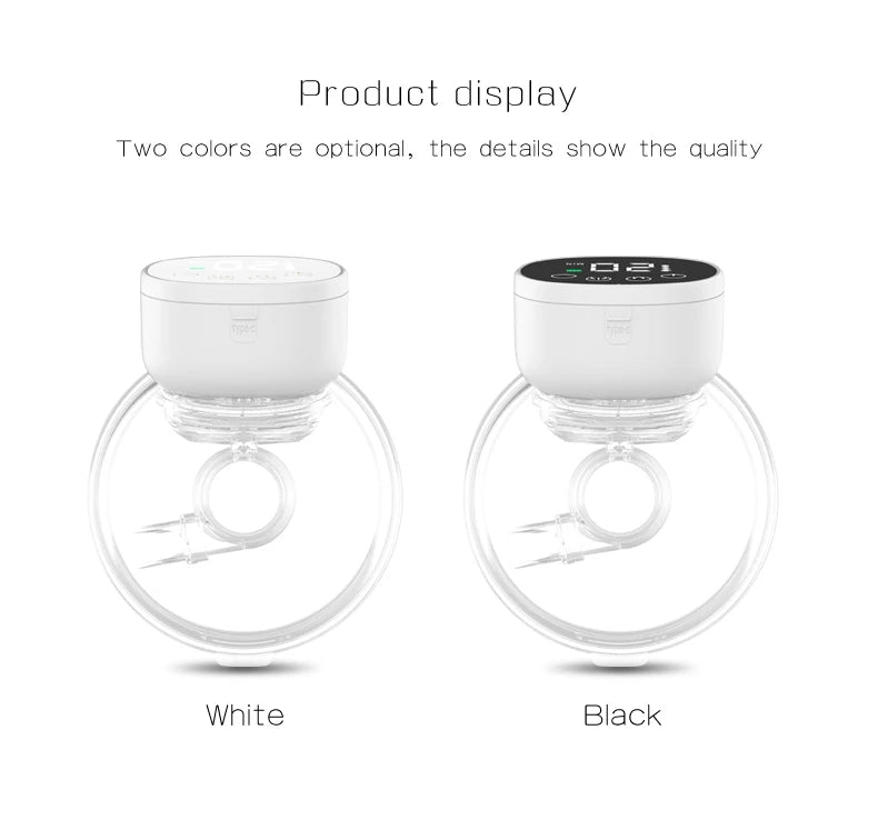 Présentation du produit de deux appareils électroniques avec tube transparent, étiquetés « Blanc » et « Noir ». Le texte se lit comme suit : "Deux couleurs sont facultatives, les détails montrent la qualité de Tire-Lait sans Fil Léger & Pratique | Pour Maman de BABY-PREMA pendant l'allaitement.