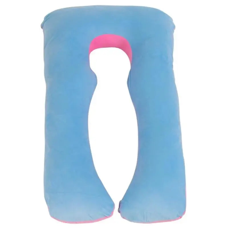 Un Coussin Oreiller Femmes Enceinte bleu avec une doublure intérieure rose est présenté sur fond blanc. Cet oreiller de BABY PREMA est conçu pour offrir confort et soutien, généralement utilisé par les femmes enceintes ou les personnes recherchant un soutien supplémentaire pendant leur sommeil ou leur repos.