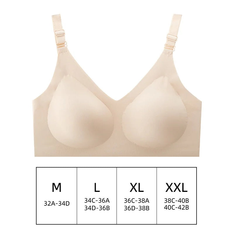 Un soutien-gorge beige avec tableau des tailles indiquant moyen, grand, xl et xxl correspondant à différentes mesures de poitrine, conçu avec un tissu poids léger pour plus de confort. Présentation du BABY PREMA Soutien d'allaitement réglable.
