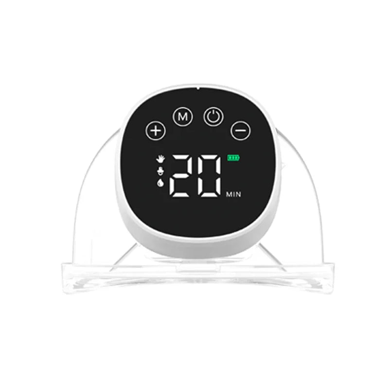 Un minuteur numérique avec support transparent, affichant 20 minutes sur son écran et doté de boutons de réglage de l'heure, d'un bouton de mode et d'un bouton d'alimentation sur une interface noire, parfait pour chronométrer les séances avec votre Tire-Lait sans Fil Léger & Pratique | Versez Maman de BABY-PREMA pendant l'allaitement.