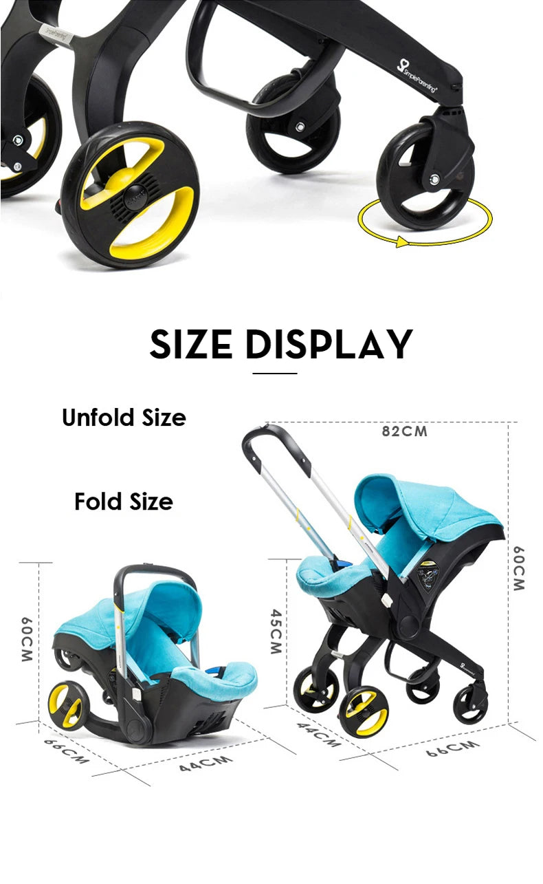 Une poussette élégante avec des roues aux accents jaunes est présentée. L'image comprend les mesures de la Poussette 4 en 1 Cosy Bébé en taille dépliée (82 cm de longueur, 60 cm de hauteur, 47 cm de largeur) et en taille pliée (60 cm de longueur, 45 cm de hauteur, 46 cm de largeur). Le siège est d'un bleu turquoise vibrant. Cette poussette élégante et fonctionnelle vous est présentée par BABY-PREMA.