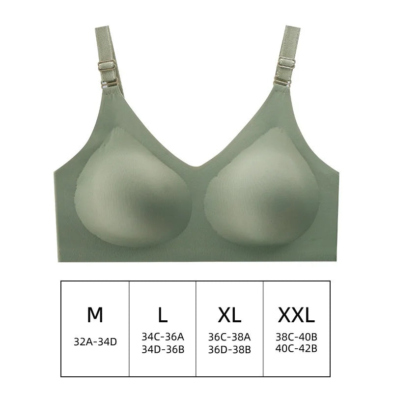 Un Soutien d'allaitement réglable vert sauge de BABY PREMA avec un tableau des tailles indiquant les tailles moyennes à double extra-large et les mesures de buste correspondantes.