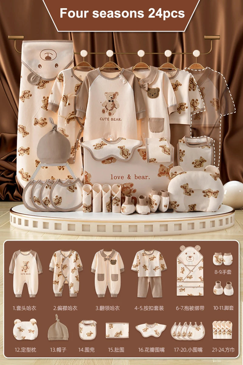 L'image présente le « Coffret Naissance Coton | Nouveau-nés Douceur Assurée » de BABY PREMA, un ensemble complet de vêtements pour bébé de 24 pièces au motif d'ours. L'ensemble, présenté sur des cintres et des étagères, comprend différents types de vêtements, bavoirs, chapeaux, serviettes et accessoires d'alimentation en coton doux et respirant. Ce kit complet de vêtements pour nouveau-nés est essentiel à la garde-robe de tout nouveau-né.