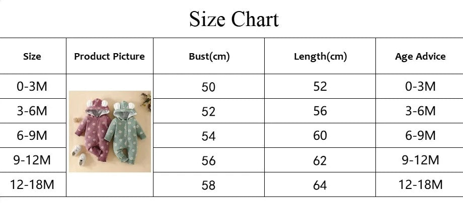 Un tableau des tailles pour les vêtements pour enfants, y compris la Combinaison pour Nouveau-nés de BABY PREMA, indique les tailles, les photos des produits, les mesures de buste et de longueur en centimètres et des conseils d'âge. Les tailles vont de 0-3M à 12-18M avec les mesures correspondantes. Des notes sur les différences de mesure et les variations de couleur sont fournies.