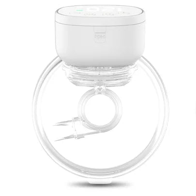 Un tire-lait électrique blanc et arrondi avec un bouclier et un tube en plastique transparent, parfait pour promouvoir la production de lait maternel est le Tire-Lait sans Fil Léger & Pratique | Versez Maman de BABY-PREMA.