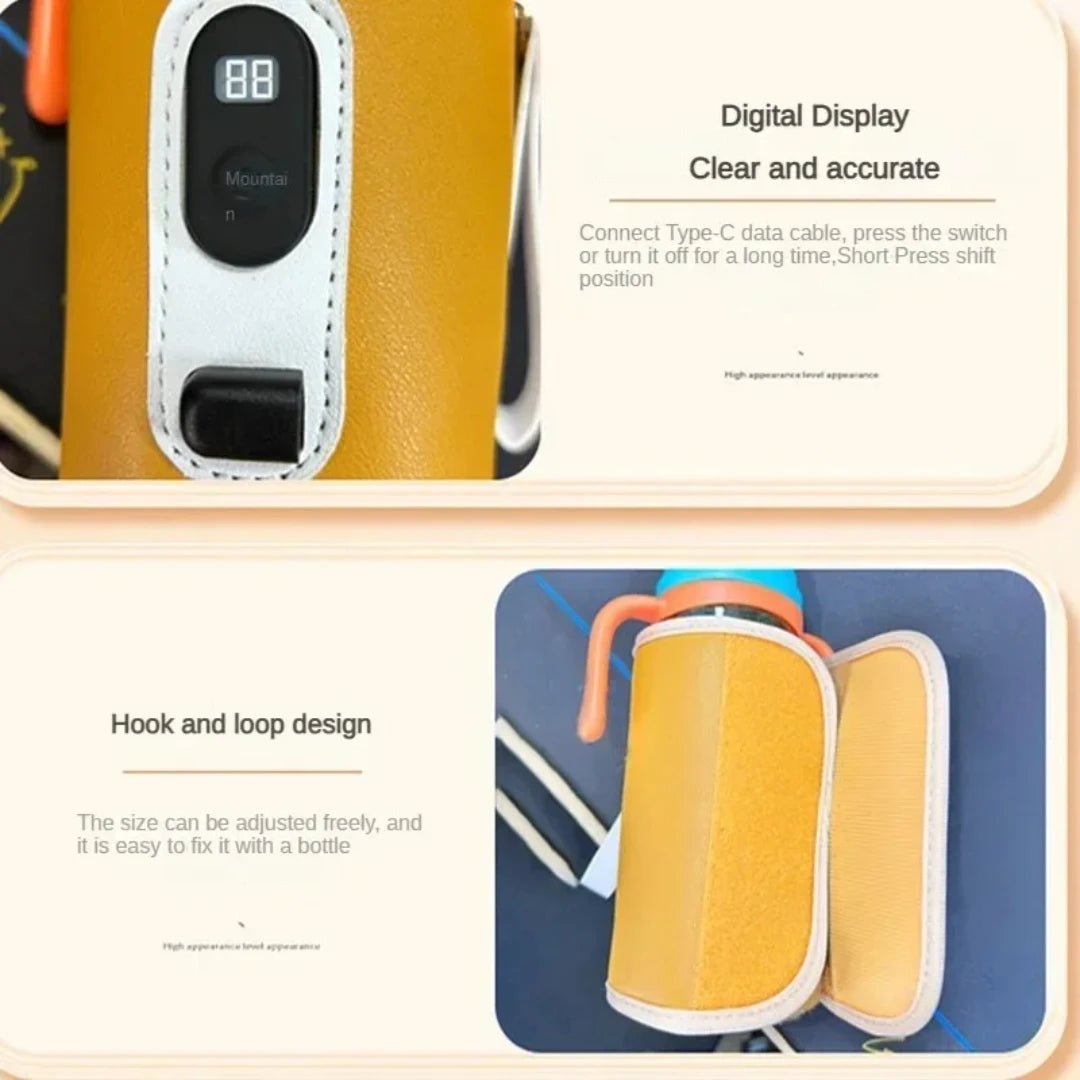 Deux images d'un manchon électronique jaune pour boisson chaude sont affichées. L'image du haut montre l'affichage numérique et le bouton de commande de la pochette intitulé « Chauffe-Biberon Portable & Résistant ». L'image du bas montre la conception à crochets et boucles pour une fermeture réglable. Cet accessoire indispensable de BABY-PREMA comprend également une notice d'utilisation claire.