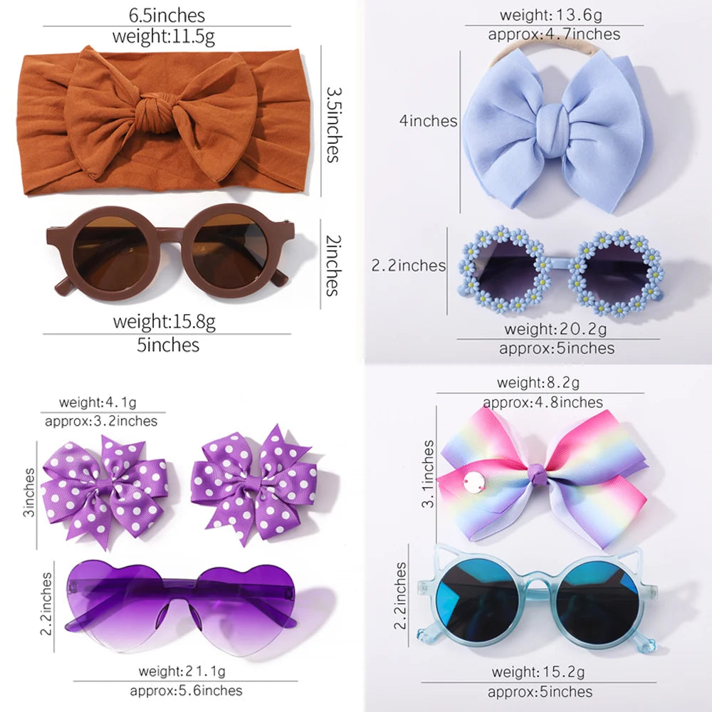 Image présentant quatre ensembles d'accessoires pour bébé : deux bandeaux avec des lunettes de soleil assorties, un bandeau avec des nœuds à pois et un bandeau avec des nœuds arc-en-ciel et bleus **Set d'Accessoires Bébé | Lunettes de Cheveux pour Bébé de BABY PREMA**.