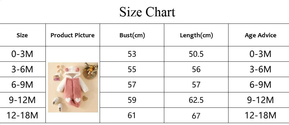 Tableau des tailles pour vêtements de bébé, détaillant les tailles 0-3M, 3-6M, 6-9M, 9-12M et 12-18M. Les catégories incluent le buste (cm), la longueur (cm) et les conseils sur l'âge. Une image d'une Combinaison pour Nouveau-nés de BABY PREMA est affichée sous la colonne « Image du produit ». Les notes en bas conseillent sur la variation de mesure