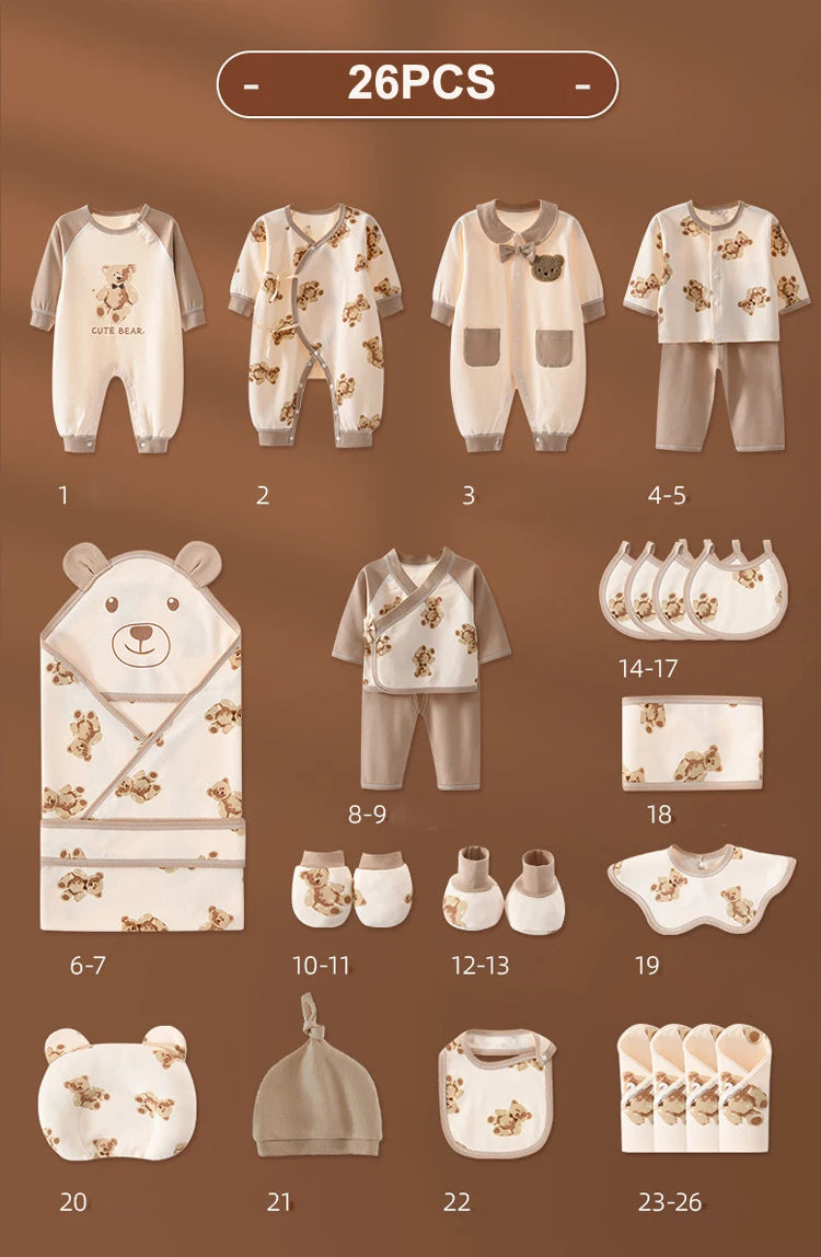 Le Coffret Naissance Coton | Nouveau-nés Douceur Assurée de BABY PREMA est un ensemble complet de 20 à 26 vêtements et accessoires essentiels pour bébé ornés de motifs d'ours. Il comprend des grenouillères, des bavoirs, des capes de bain, des moufles, un bonnet et des chaussettes. Ce kit complet pour nouveau-né est de couleur dominante beige et marron et est fabriqué à partir de coton doux et respirant.