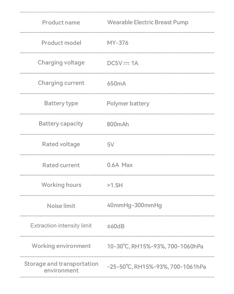 Un tableau informatif pour un pneu-Lait sans Fil Léger & pratique (BABY-PREMA) léger. Il détaille le nom du produit, le modèle (MCY-77A), le mode de charge, les spécifications de charge et de durée de vie de la batterie, le temps de travail, les valeurs limites de bruit et de vide, ainsi que les environnements de stockage et de fonctionnement recommandés.