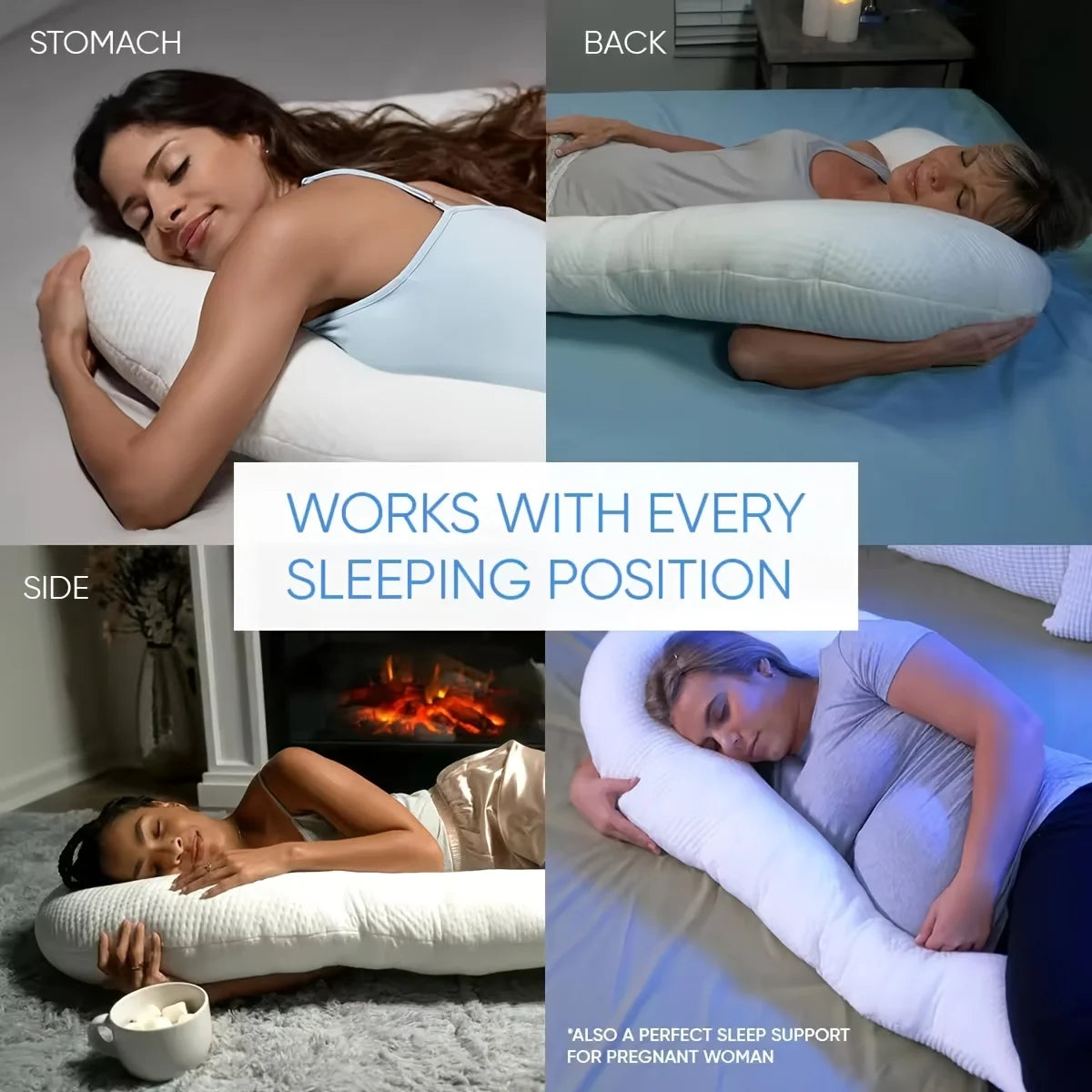 Un collage de quatre images montrant des personnes utilisant un Coussin Oreiller pour Contour Corps dans différentes positions de sommeil : sur le ventre, sur le dos, sur le côté et comme support pour une femme enceinte. Texte : « Fonctionne avec toutes les positions de sommeil.
