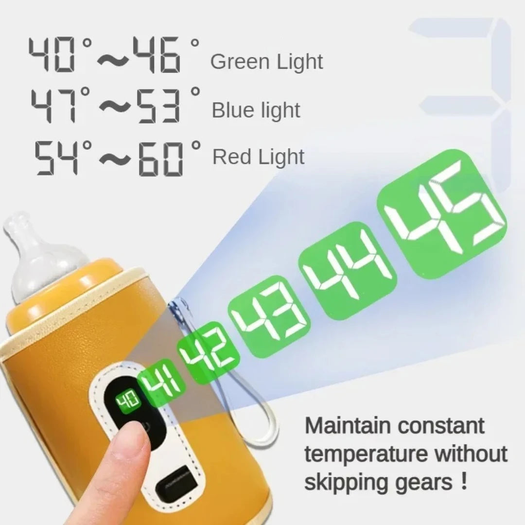 Une illustration d'un BABY-PREMA Chauffe-Biberon Portable & Résistant avec un affichage numérique indique une température de 40 degrés Celsius. Le vert indique 40-46°C, le bleu indique 47-53°C et le rouge indique 54-60°C. Le texte indique « Maintenez une température constante sans sauter de vitesse ! » - un accessoire indispensable pour chauffe-biberon.