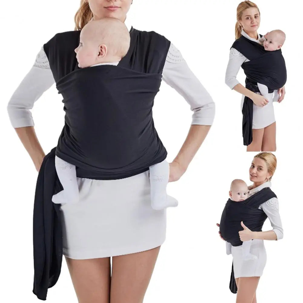 Un collage montrant une femme démontrant différentes façons de porter un bébé dans un Porte-Bébé BABY-PREMA gris foncé dès la Naissance | Écharpe de Portage. Il comprend des vues de face et de côté, soulignant la polyvalence.