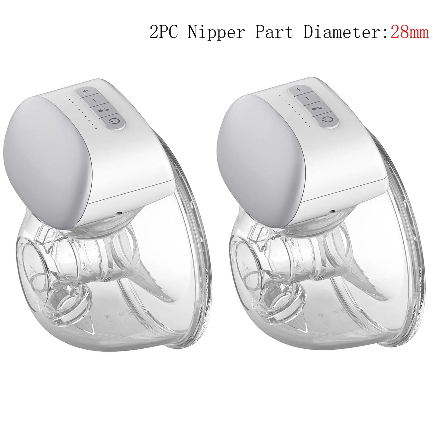 Deux BABY PREMA Le pneu-lait électrique | invisible 1 & 2 Pièces avec parties inférieures transparentes, affichant leur diamètre de pince de 28 mm, adaptées aux soirées sur le thème des enfants.