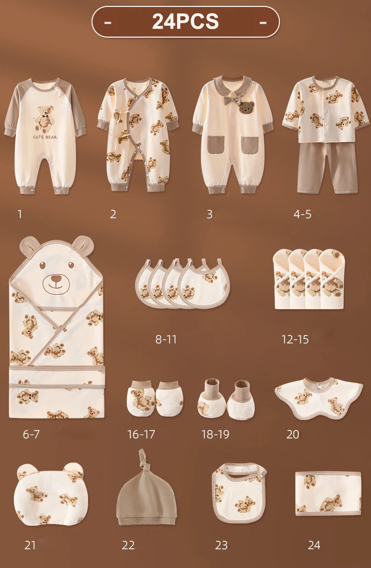Le BABY PREMA Coffret Naissance Coton | Nouveau-nés Douceur Assurée est un ensemble de vêtements pour bébé de 24 pièces comprenant des cache-couches, des bavoirs, des mitaines, des chaussons, un chapeau, une serviette à thème ours et une serviette avec capuche ours. Ce *kit complet de vêtements pour nouveau-nés* présente des couleurs neutres avec d'adorables motifs d'ours et est fabriqué en *coton doux et respirant*.