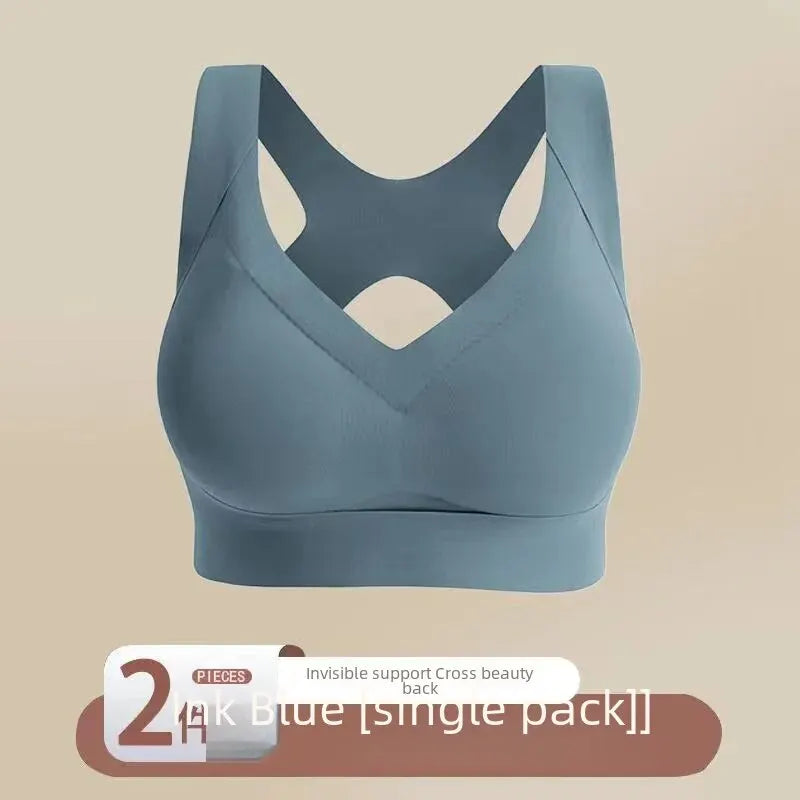 Un soutien-gorge de sport bleu avec un design croisé unique pour un soutien invisible, annoncé sous le nom de Soutien Elégant Dos Croisé | Sans Armatures en pack unique par BABY PREMA.