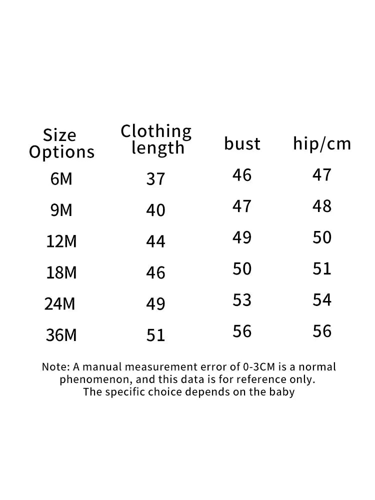 Un tableau des tailles pour les vêtements de bébé, y compris BABY PREMA Pack Cadeau 3 Bodies Bébé d'été, avec des colonnes pour les options de taille, la longueur des vêtements, les mesures du buste et des hanches. Les tailles vont de 6M à 36M. Une note en bas mentionne une erreur de mesure manuelle potentielle de 0 à 3 cm et indique que les données sont uniquement à titre de référence.