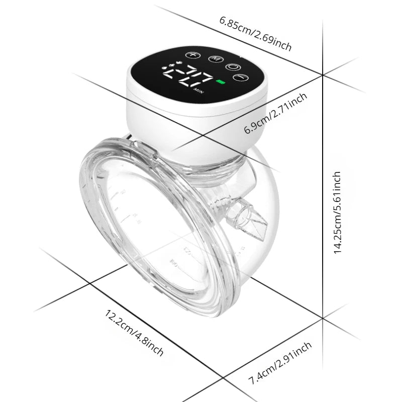 Un appareil cylindrique transparent avec un affichage numérique sur le dessus, conçu pour favoriser l'allaitement, présenté en différentes dimensions : 6,8 cm, 6,9 cm, 14,25 cm, 12,2 cm et 7,4 cm est le Tire-Lait sans Fil Léger & Pratique | Pour Maman de BABY-PREMA.