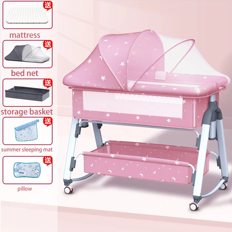 Un berceau Lit Bébé Multifonction Pliant rose avec de multiples fonctionnalités, dont un matelas, une moustiquaire, un panier de rangement, un tapis de couchage d'été et un oreiller, le tout présenté avec des étiquettes dans une image promotionnelle de BABY PREMA.