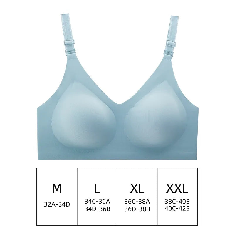 Un soutien-gorge BABY PREMA bleu clair avec tableau des tailles indiquant les tailles petit à double extra large et les mesures de buste correspondantes.