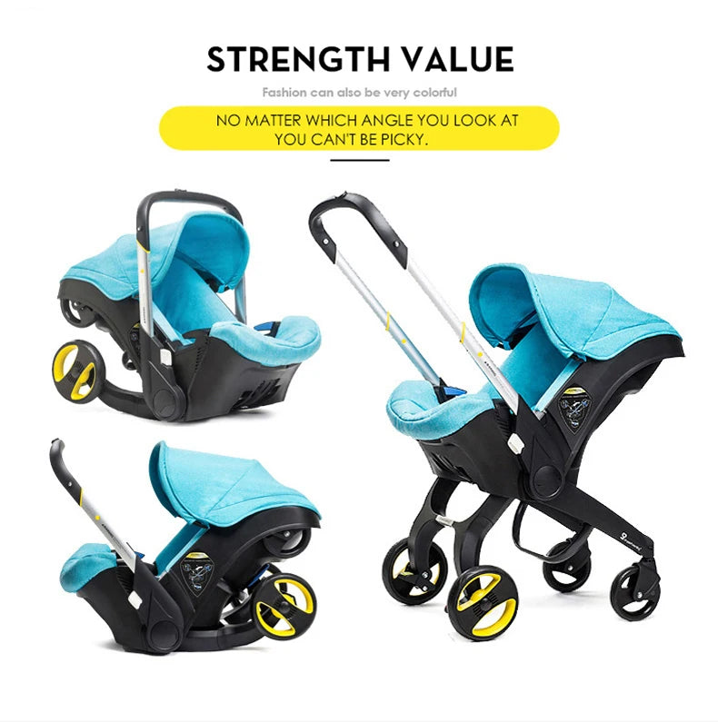 Une image promotionnelle pour une poussette de couleur turquoise. La poussette est présentée sous trois angles différents, démontrant ses différentes configurations. Le texte d'accompagnement comprend « VALEUR DE FORCE », « La mode peut aussi être très colorée » et « Quel que soit l'angle sous lequel vous regardez, vous ne pouvez pas être pointilleux ». Il s'agit d'une Poussette bébé 4 en 1 Multifonctions polyvalente de BABY-PREMA.