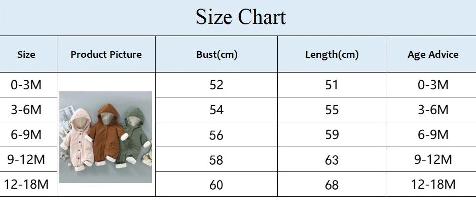 Tableau des tailles pour les vêtements de bébé, comprenant les tailles de 0 à 18 mois, les photos du produit, le buste (cm), la longueur (cm) et des conseils d'âge. La note inclut des différences de 1 à 3 cm dues à la mesure manuelle et aux variations de couleur dues à l'éclairage. Parfait pour sélectionner BABY PREMA Combinaison pour Nouveau-nés ou une jolie combinaison renard bébé.