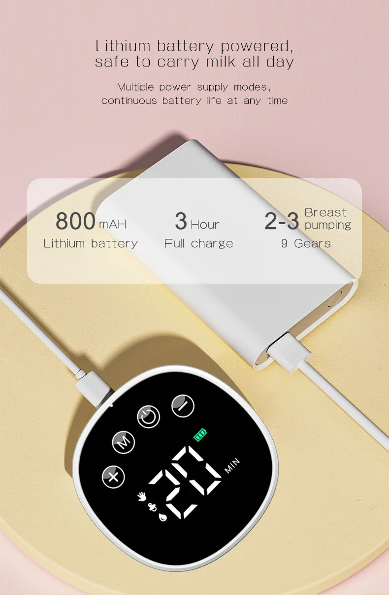 BABY-PREMA Tire-Lait sans Fil Léger & Pratique | Versez Maman sur une surface beige, doté d'une batterie de 800 mAh, d'une charge complète de 3 heures et de 2 à 3 séances de tire-lait avec 9 vitesses réglables pour un allaitement efficace.