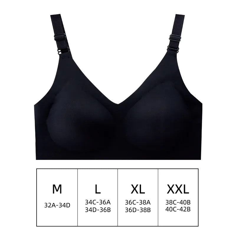 Soutien d'allaitement réglable sans couture noir avec tableau des tailles indiquant les tailles de bonnets et de bandes appropriées pour les tailles moyennes, grandes, extra-larges et doubles extra-larges. Ce modèle léger de BABY PREMA offre un maintien confortable et un ajustement parfaitement ajusté pour un confort toute la journée.